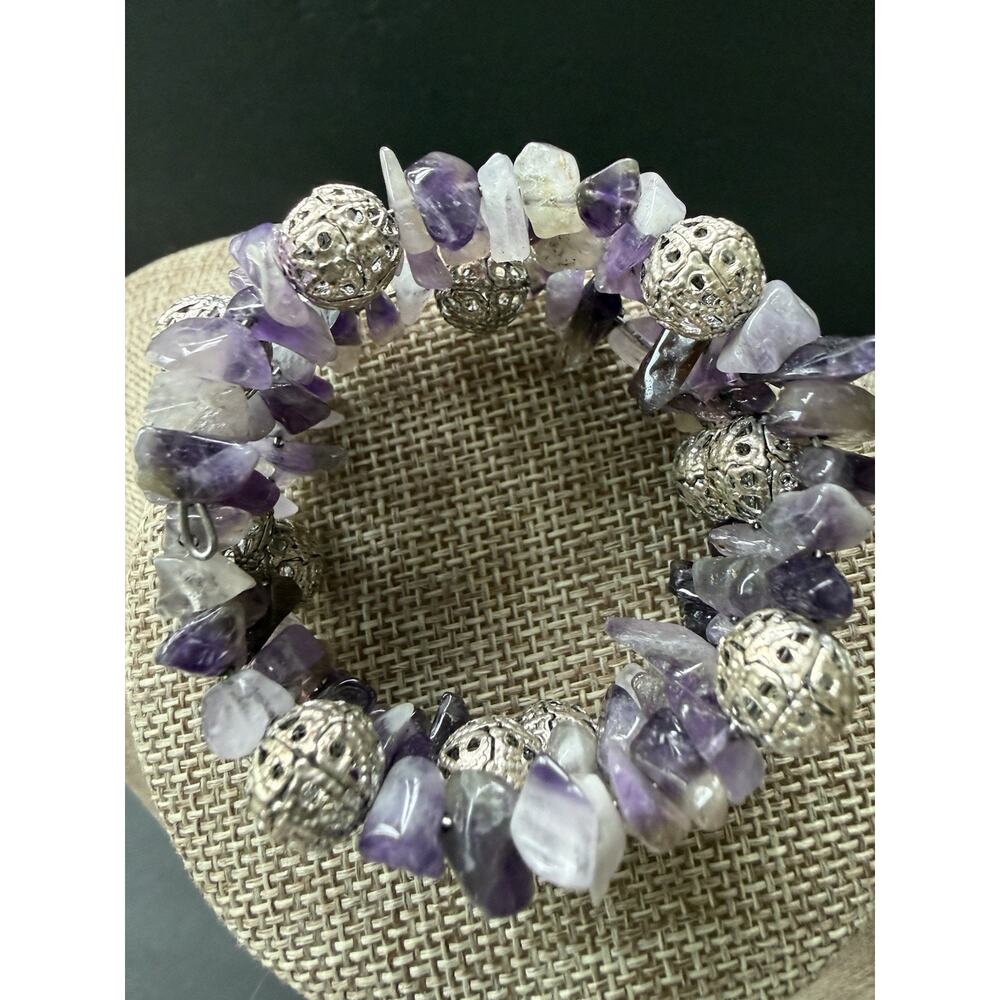 Amethyst Chip Gemstone Stretch Bracelet Purple Wide Boho Festival Statement - Picture 3 of 4